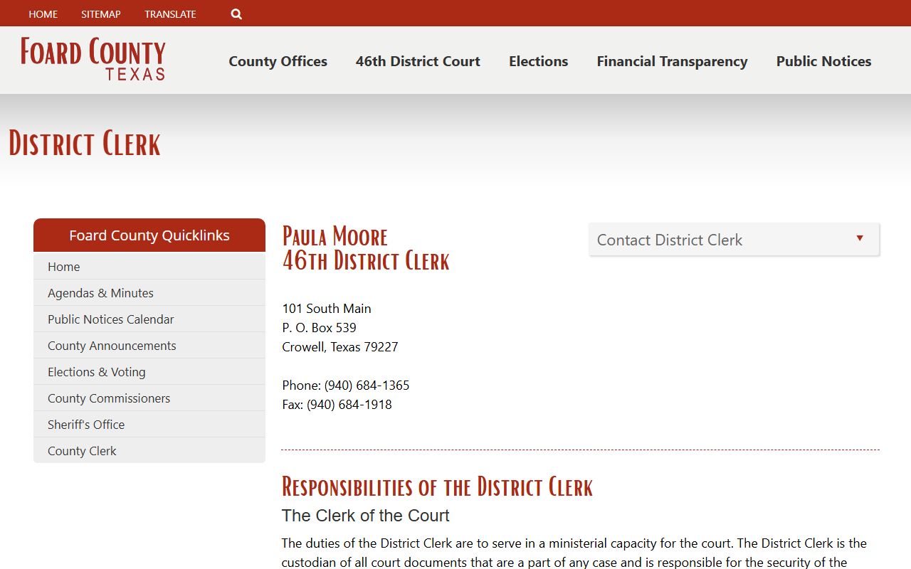 Foard County court records after arrest district clerk page