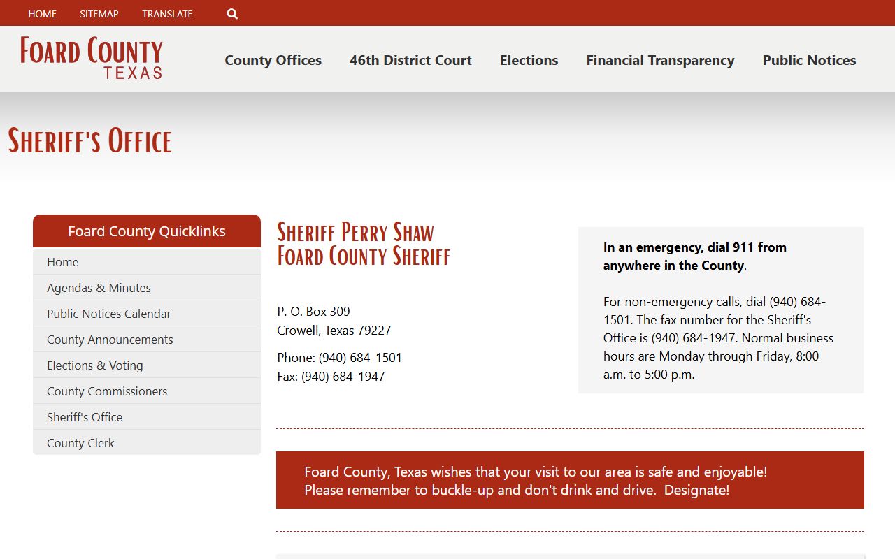 Foard County inmate search sheriff office custody contact page